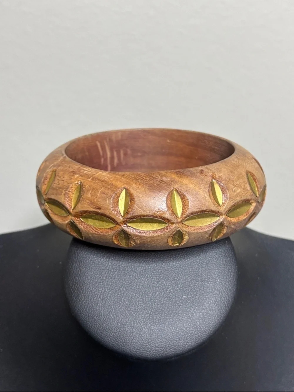 Carved Wooden Bangle Bracelet with Olive Inlay Lightweight Boho
